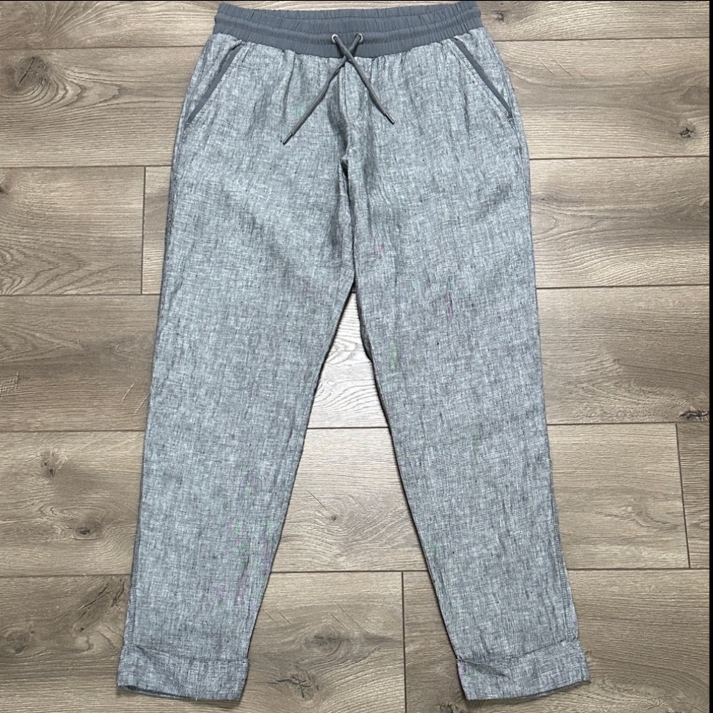 Athleta Bali Linen Ankle Pants Mid Rise Casual Flint Grey Heather Size 8 Tall